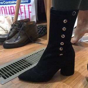 Black suede Marc Jacobs mock button hook boots